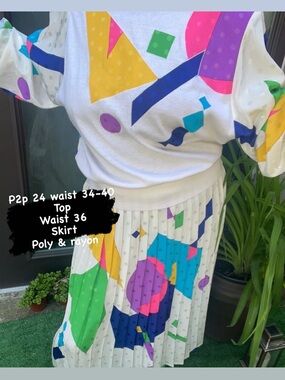 Pleated White Multicolor Geometric Print Women's Skirt